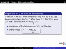 Matrices - Seq 4 - Inverse et lien avec applications linéaires et systèmes